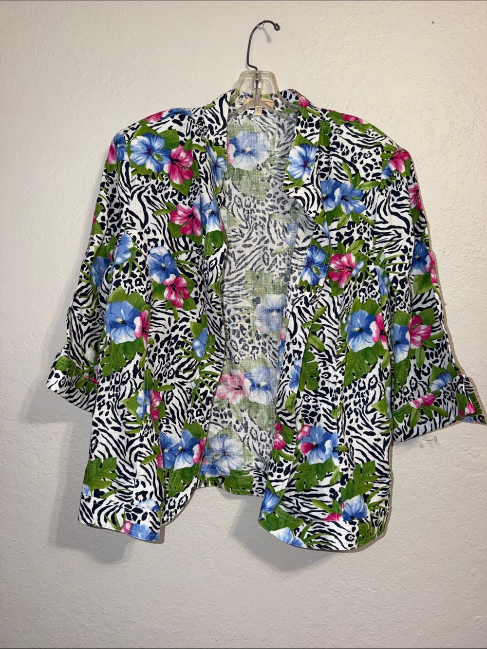 Vintage LINEN Zebra Print Tropical Floral Jacket resort Coastal Cruise Beach